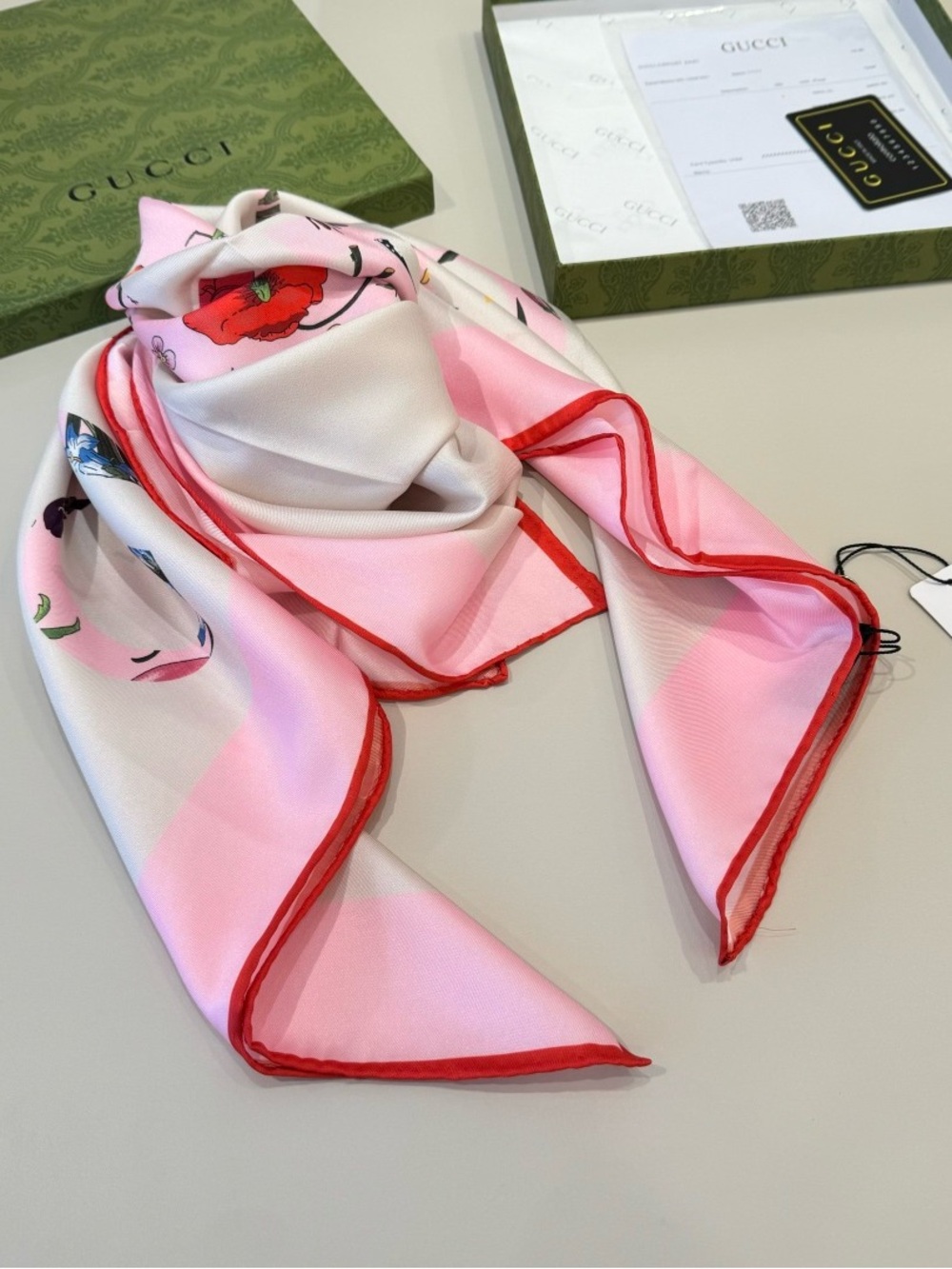 Gucci Pink White Scarf with Red Trim and Floral Detail